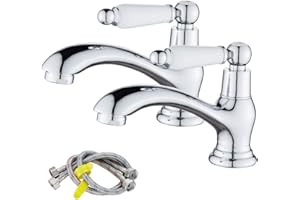 Maynosi Bathroom Basin Pillar Taps, Pair Basin Sink Taps with Dual Ceramic Levers, Traditional Faucet for Washroom, 1/4 Turn, Include Flexible Hoses, Solid Brass, Chrome Finished