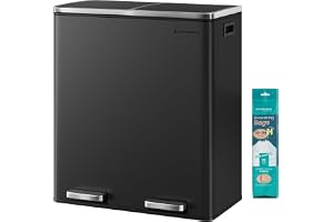 SONGMICS Pedalhink för Källsortering, 2 Fack, 60 L, Stål | Soptunna, 59 x 36,5 x 62,4 cm, Mjukstängande Lock, 15 Soppåsar, Bläck Svart, PARY Kollektion LTB60BK