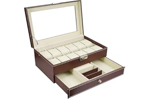 autumndeer Watch Box-12 Slots Mens Watch Organizer Faux Leather Jewelry Display Pillow Case, Jewelry Box Storage, Lockable Watch Case Bracelet Tray with Glass Jewelry Drawer for Storage and Display