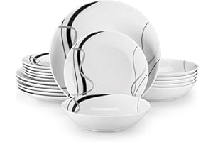 VEWEET Porcelain Dinnerware Sets for 6, 18 Pieces Plates and Bowls Set with Black and Grey Ribbon Lines, Dishes Set Dining Ware for Dinner, Microwave and Dishwasher Safe, Series Fiona