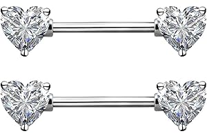 OUFER - Piercing per capezzolo a bilanciere in acciaio chirurgico 14G 316L con cuori in brillante sintetico, body-piercing da donna - 2 pezzi