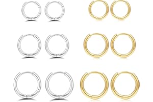 MOROTOLE 6 pares de pendientes de aro chapados en oro de 14 quilates pendientes de aro pequeños de plata de ley pendientes de cartílago de circonita cúbica diminuta para mujeres y hombres