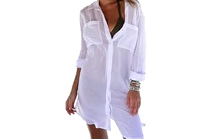 JFAN Vestidos Verano para Mujer Botón de Bolsillo Camisa de Playa Manga Larga Casual de Color Sólido