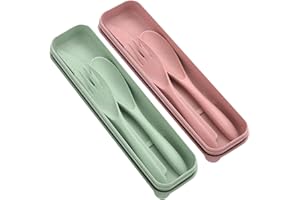 LMOGWL 2 pezzi Set di posate da viaggio portatile con forchetta, cucchiaio, coltello, set di posate da campeggio riutilizzabili con scatola, adatto per uso ufficio/esterno/quotidiano (verde/rosa)