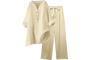 GÉNÉRIQUE Ensemble De Survêtement En Lin Femme Été Chemisier + Pantalon De Joggings Tenue De Sport Décontracté Streetwear Décontracté Tenue De Plage Loungewear Set Casual Outfit Ensemble Coton Et Lin Femme