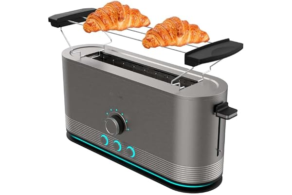 Cecotec Grille-pain Vertical en Acier à Fente Longue Shine&Toast Extra, 1050W, Capacité pour 2 Toasts, Fente Large 3,8cm, Anneau Lumineux, 7 Niveaux de Brunissage, Barres Supérieures