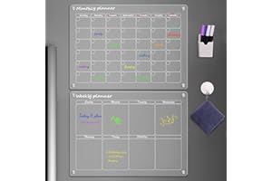 ZHIDIAN Acrylic Magnetic Fridge Calendar Board 2 PCS 40 x 30 cm Monthly Weekly Planner Board Clear Magnetic Dry Erase Board with Markers, Hook Acrylic Calendar Memo Note Board (Month+Week)