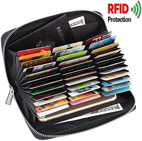 Ladies Wallet Credit Card Leather Wallet RFID Blocking Multi Passport Cards Organizer Huge Capacity Wallet for Women Black