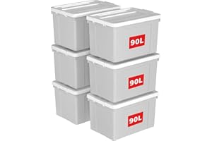 Cetomo 90L*6 Scatole di Stoccaggio in Plastica, Scatole Portaoggetti con Coperchio, Organizzatore con Ruote, Contenitori per Casa e Ufficio, Impilabile, Resistente, Grigio, 90L - Confezione da 6