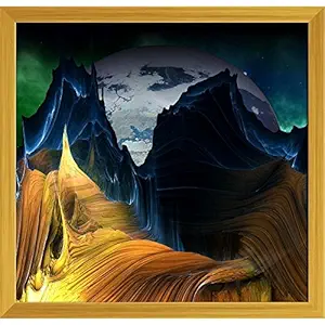 Pitaara Box Alien Mountains with Space & A Big Planet Canvas Painting Golden Synthetic Frame 16.7 x 16 inch (42 x 41 cms)