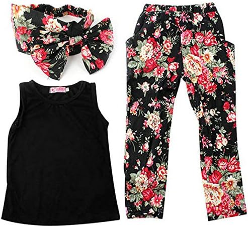 Leiwo Girls Sets 3PCS Sleeveless Shirt Tops + Floral Pants + Headband Clothes