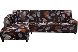 Lydevo Copridivano con Penisola Elasticizzato,Copridivano Angolare a Sinistra/Destra Universale con 2 Federi,Fodere Divano Penisola Forma di L,Chaise Longue Sofa Cover 3+4 Posti,Foglie marroni