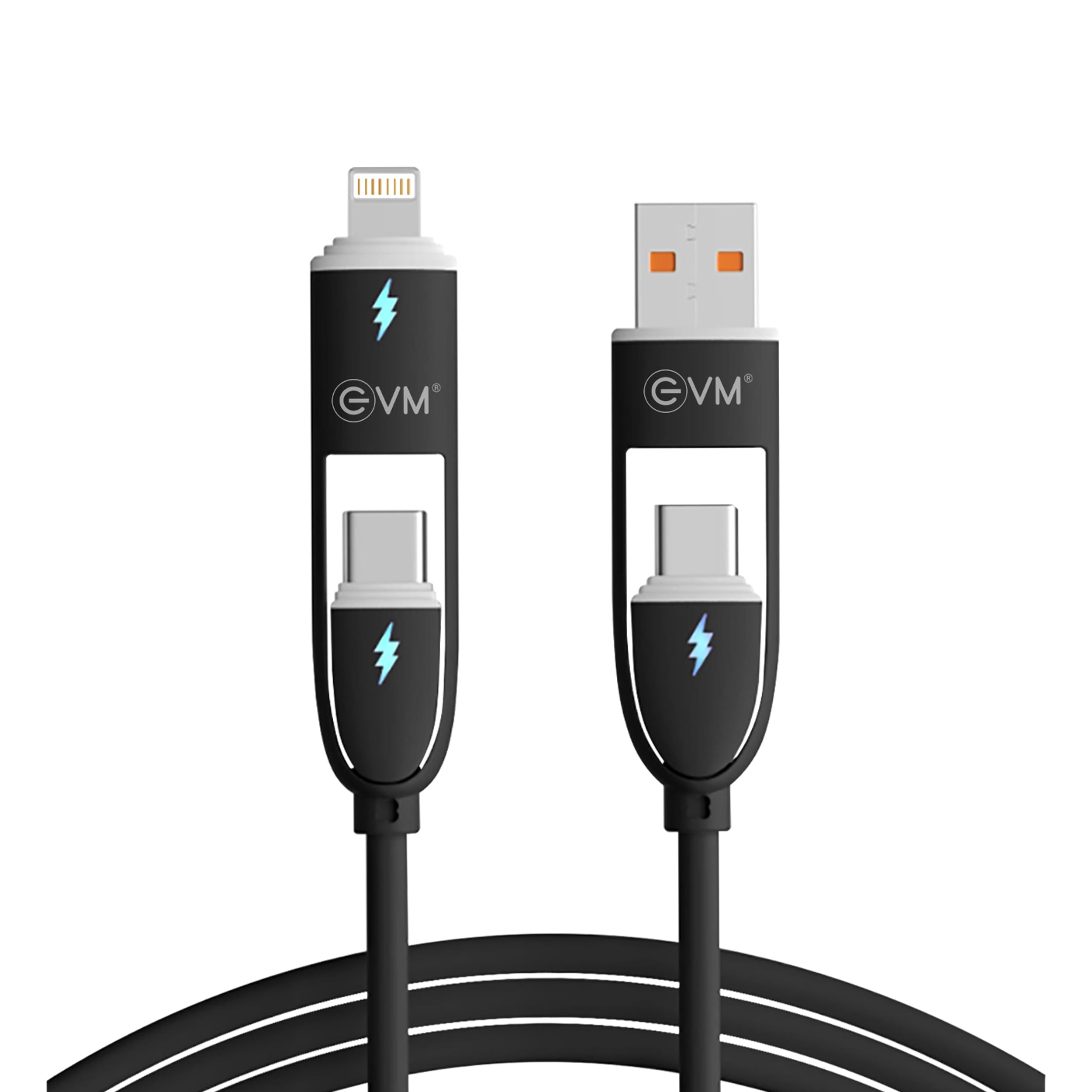 EVM 60W 4 in 1 Cable with 8Pin(L) to Type C, Type C to C, 8Pin(L) to Type A Compatible for iPhones, iPads, Macbooks, Type C Laptops - 1 Year Warranty (EVM-M-5-Black)