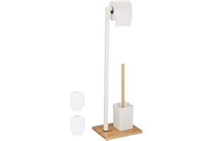 ‎RELAXDAYS Relaxdays Zestaw do WC, stojący uchwyt na papier toaletowy, szczotka toaletowa z uchwytem na szczotkę, stal nierdzewna i bambus, biały/naturalny