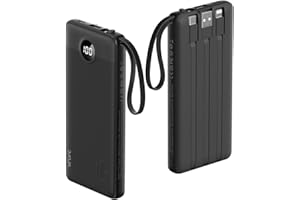 VRURC Power Bank 10000mAh con 4 Cables,USB C Batería Externa Slim bateria portátil Pantalla LED Digital con 4 Salidas y 2 entradas Compatible con iPhone Huawei y Smartphone