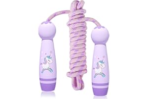 JUNMALLKO Corde à sauter pour enfants avec poignée en bois de dessin animé, corde à sauter réglable pour enfants, corde de vitesse licorne, cadeau pour garçons et filles, enfants réglable en coton 6 8 10 ans, fitness et boxe