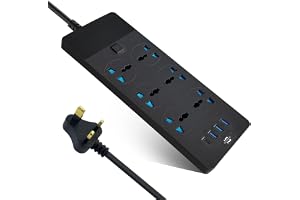 SKY-TOUCH Power Strips Extension Cord 6 Outlets, UK Plug Universal Plug Adapter with 3 USB & 1 Type-C Ports Surge Protector, Charging Socket with 2M Bold Extension Cord (Black)