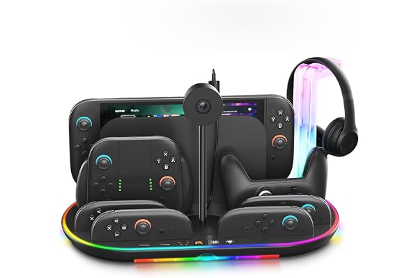 Estación de carga para Switch 2 con ventilador de refrigeración DOBEWINGDELOU Controlador Cargador para JoyCons y Pro Dock Stand con luz RGB, 2 puertos USB, 7 ranuras para tarjetas de juego