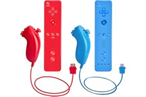 AUFGLO Wii Remote Controller and Nunchuck Controllers for Wii U, including silicone case and wrist strap (red+blue)