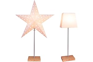 EGLO Tischlampe mit Wechselschirm, 3D Papierstern Weihnachten oder eckiger Lampenschirm in Weiß mit Fuß aus Holz und Metall, Dekostern Tischleuchte mit Kabelschalter, E14, Höhe 65 cm