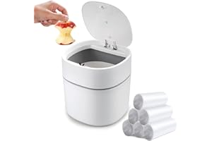 Ronyes Mini Desk Trash Can with Press Lid with Trash Bags 180 pcs Press-Top 2 Litres Tiny Garbage Bin for Office, Bedroom Countertop Use Small Table Top Plastic Covered Waste Basket Can (White)