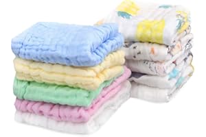 RONGRONG 10 Packs Baby Muslin Washcloths, 30*30 cm 6 Layers Cotton Muslin Squares, Reusable Soft Natural Organic Cotton Face Towels For Baby Wiping Bathing Feeding Towel (Random Color & Patterns)