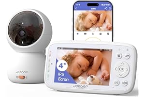 jeeber Babyphone Caméra Bébé, 4" IPS Écran, 1080P, 360 Degrés, Vision Nocturne, Communication bidirectionnelle, Température, VOX, 300m Longue Portée Babyphone Connecté Smartphone