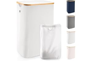 LONBET 100L Cesto Ropa Sucia con Tapa y Estructura de Bambú - Cubo Ropa Sucia Estético con Bolsa Extraíble, Asas Cómodas y Tela Transpirable para Uso Diario Eficiente - Laundry Basket, Gris Claro