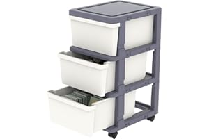 Cetomo Plastic Storage Drawers Unit, Storage Drawer on Locking Wheels, Tower with Interlocking Hooks for Home Office Closet Bedroom Dorm, Detachable, Free Combination, White and Gray, 3 Drawers