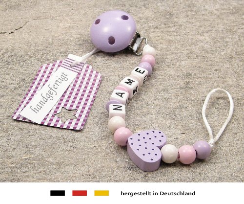 Baby SCHNULLERKETTE mit NAMEN | Schnullerhalter mit Wunschnamen – Mädchen Motiv Herz in flieder - 2