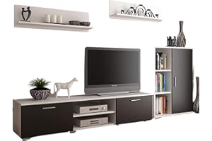 Per la vita Schrankwand Weiß/Schwarz Szopen – Modernes Regalwohnzimmer Set in Weiß-Schwarz- Möbel Modern mit integriertem Wohnzimmerschrank, TV Schrank, Sideboard & Wandregal