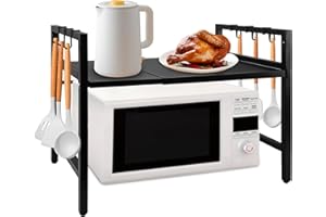 Enenes Ausziehbares 2-stufiges Mikrowellen Regal - Stabiles Metall-Küchenregal mit 6 Haken, Höhenverstellbarer platzsparender Regalhalter für Arbeitsplatte, Arbeitsfläche & Schränke
