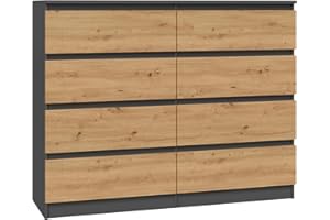 CDF Kommode Malwa M8 120 | Farbe: Anthrazit - Eiche Artisan | Schrank für Dokumente, Kleinigkeiten | Ideal für Wohnzimmer, Schlafzimmer, Kinderzimmer, Jugendzimmer und Büro | 8 geräumige Schubladen