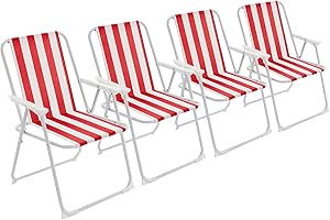 Harbour Housewares Folding Beach Deck Chairs - Red Stripe - Pack of 4 - Metal Outdoor Patio Seat Lightweight Portable Deck Chair for Picnic, Garden, Camping, Fishing