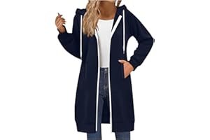 RLEHJN Full-Zip Hoodie Damen Oversized Sweatjacke Einfarbig Zip up Kapuzenpullover mit Taschen und Kordelzug Y2K Mode Lange Sweatjacke Outwear Langen Mantel Jacke Tops mit Kapuze