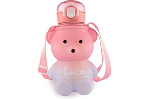 Kikuo 800 ml Cute Bear Water Bottle With Straw, Gradient Colorful Kawaii Bear Shaped Water Bottle with Strap, Leak-Proof Portable Water Bottle for Teens Girls School Travel Office (Pink Blue)