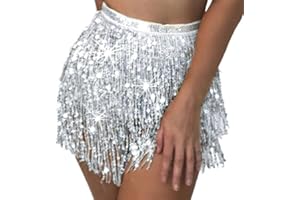 Flovel Women’s Belly Dance Skirt Sparkly Sequin Skirts Fringe Hip Scarf Skirt Party Hip Wrap Skirts Rave Costume