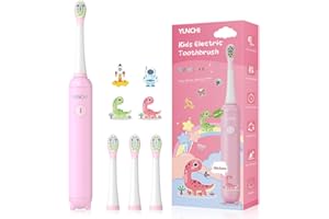 YUNCHI Spazzolino Elettrico Bambini 3-6-12 Anni, K5 Ricaricabile Spazzolino Elettrico con Timer 2 Minuti, 3 Modalità, 4 Testine Morbide, IPX7 Impermeabile Spazzolino Bambini con 4 Adesivi (Rosa)
