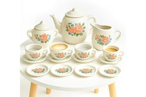 Toyana 15 PCs Kids Tea Set, Pretend Play Ceramic Tea Party Set, Mini Playset with Teapot, Jug, Cups & Plates, Tiny Kitchen Accessories, Afternoon Role Play Birthday Gift Toy for Children Ages 3+ Year
