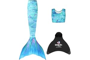 Planet Mermaid Girls Kids 3 Piece Vivid Colour Swimming Mermaid Tail, Crop Top & Wear-Resistant Magic Fin Monofin (Included)