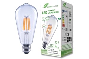 ‎GREENANDCO greenandco żarówka LED | przezroczysta | E27 ST64 | 7,2W 1521lm | zastępuje 100W | 3000K ciepła biel | 320° | 230V | bez migotania | klasa efektywności energetycznej A | bez możliwości ściemniania