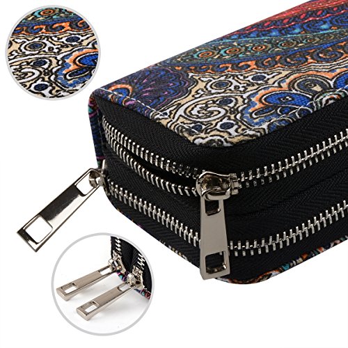 Te-Rich Womens Wallets RFID Blocking Canvas Coin Purse - Identity Protection Credit ID Card Pouch - Twin Metal Zippers, Bohemian Style, Purple