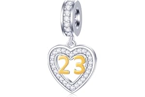 GLOWDAS 10 to 25 28 30 33 35 40 45 50 55 60 65 70 75 80 Birthday Charms, fit European Anniversary Bracelet/Necklace, Golden Number 925 Sterling Silver Heart Pendant with CZ, for Women/Men