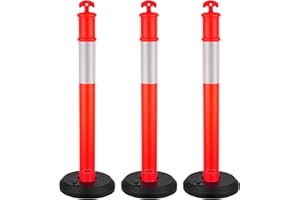 VEVOR Poteau de Signalisation 3PCs 114 cm, Balise de Délimitation avec Base Remplissable et Bandes Réfléchissantes, Délinéateur de Circulation pour Contrôle des Foules, Chantier Parking, Rouge