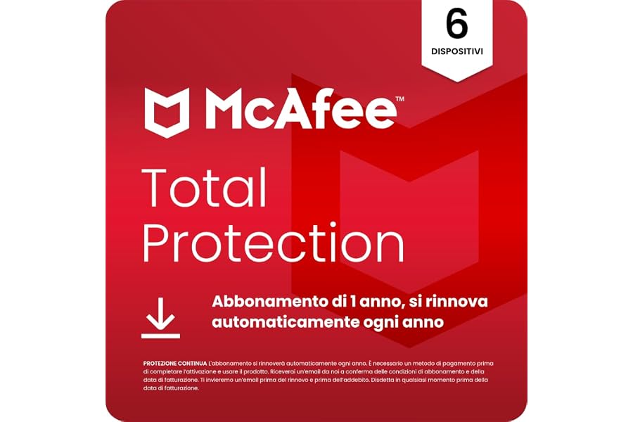 McAfee Total Protection - 6 Dispositiv 2026, 15 mesi, Esclusiva Amazon | Antivirus, VPN gestore delle password, software di s