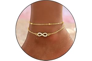 HARJJME Fußkettchen für Damen Silber 925 Gold Fussketten für Frauen Doppelte Herz Perlen Plättchen Twist Infinity Fußkette Verstellbare Layered Sommer Strand Fußschmuck Geschenk