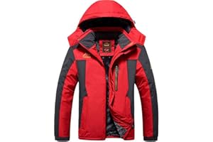 Treer Veste Imperméable pour Homme Blouson à Capuche, Grande Taill Hiver Chaude Coupe-Vent Manteau pour Montagne Randonnée Voyage Sports d'Extérieur Jogging Ski Camping (3XL,Rouge)