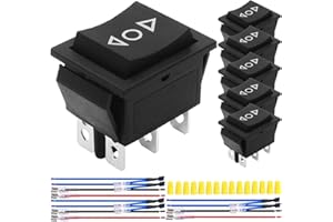 MKBKLLJY 6Pcs Momentary Motor Polarity Reverse Rocker Switch Black DC 20A 12V DPDT 6Pin 3Position (ON)-Off-(ON) 16A 250V AC/20A 125V AC Automatic Reset Switch with Jumper Wires Wiring cap for Boat