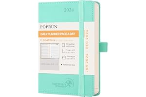 POPRUN A6 Diary 2024 Day Per Page Soft Cover Pocket Appointment Diary, Small Daily Planner 24 Day To Page, Hourly Interval, FSC® Paper - Mint Green