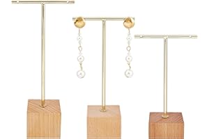 FINGERINSPIRE Espositore per Orecchini a T in Metallo Dorato da 3 Pezzi con Base in Legno Portagioie da Appendere Organizzatore di Gioielli Puntelli per Fotografia 【Base Quadrata Dorata 3 Altezza】